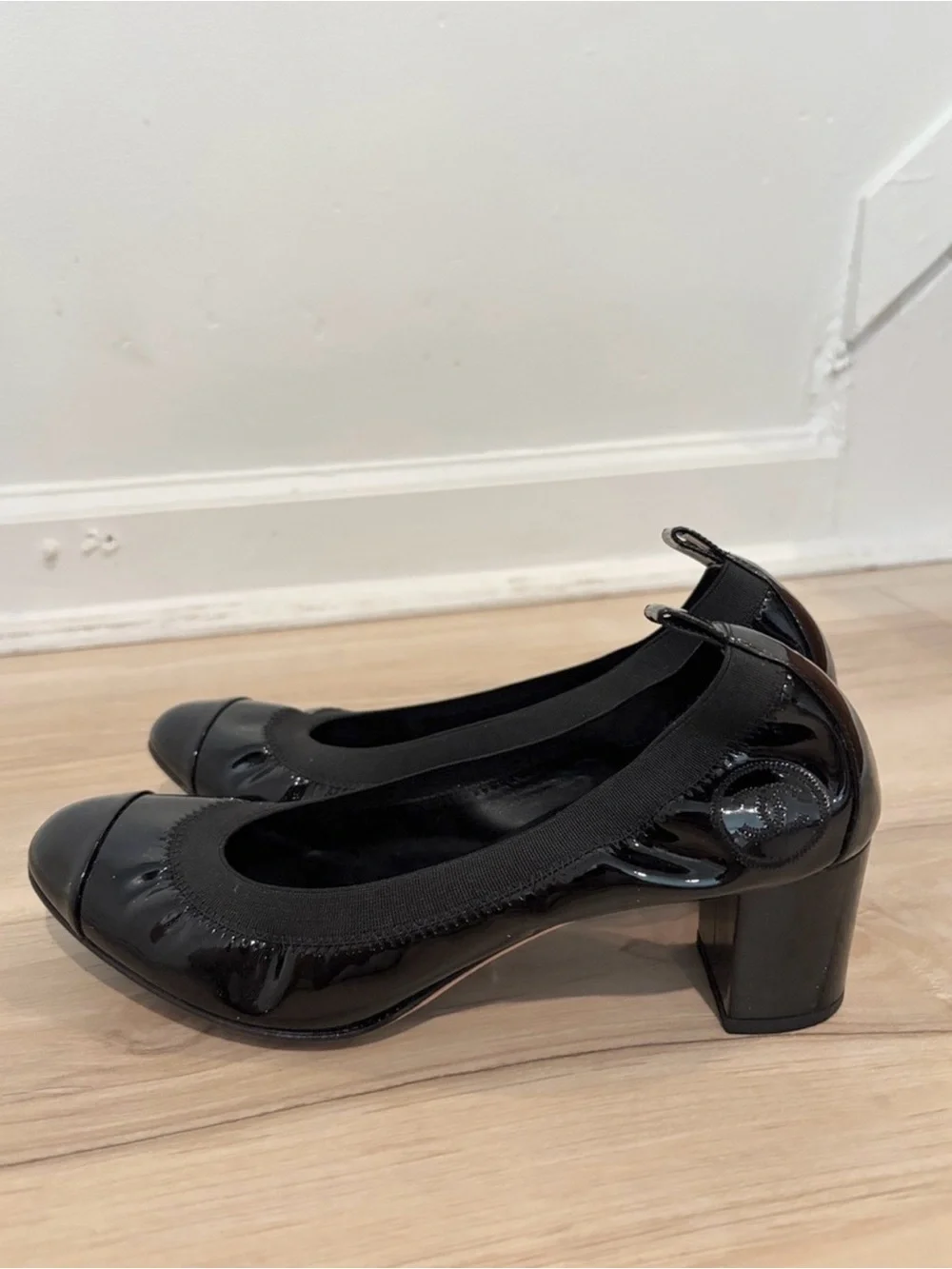 CHANEL Black Patent Leather Mid Block Heel Pumps